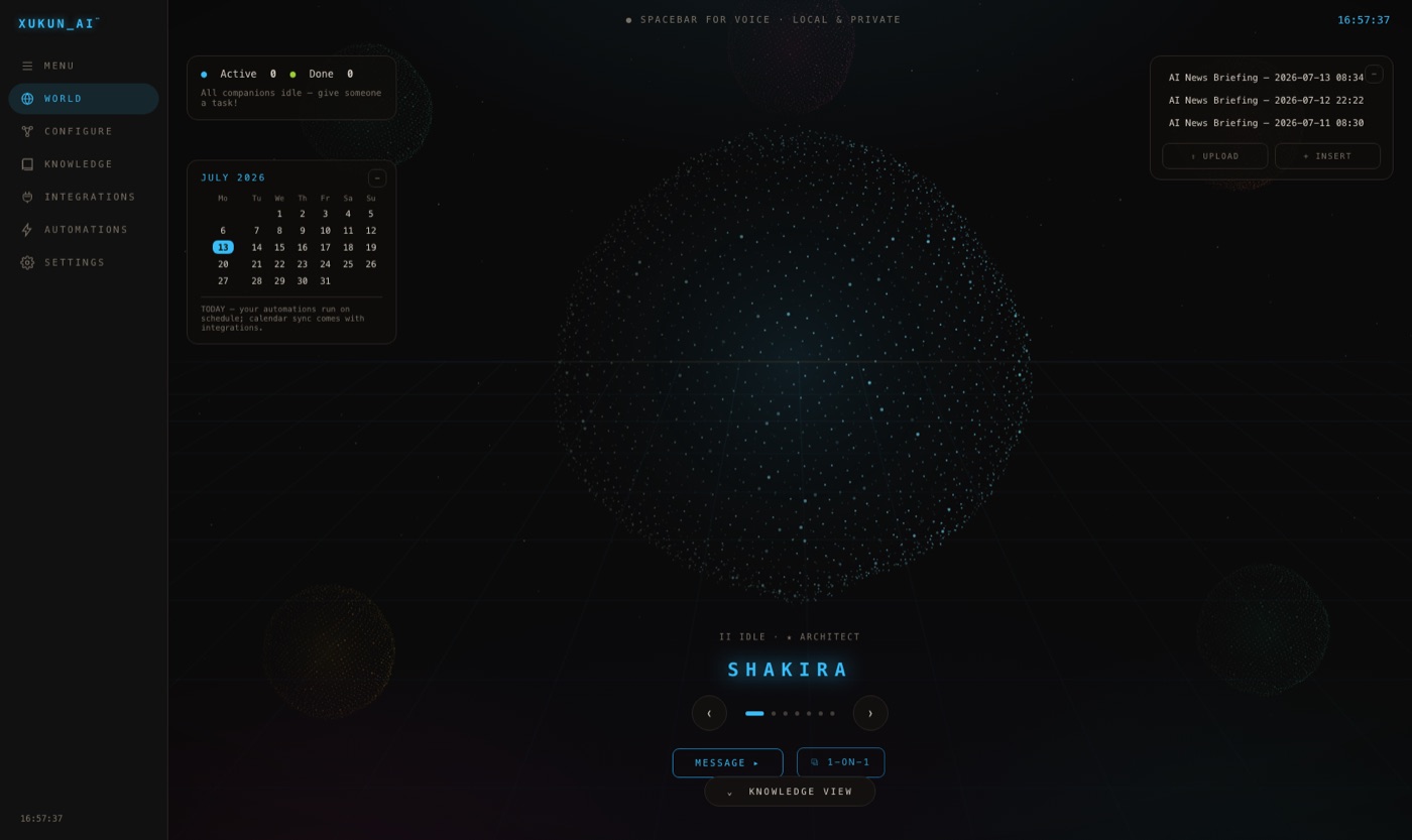 XukunAI WORLD view — living agent orbs